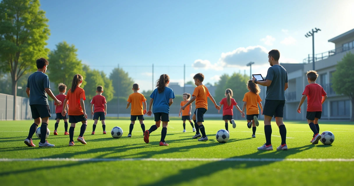 Rede de alunos uniformizados treinando em campo de futebol ao ar livre 