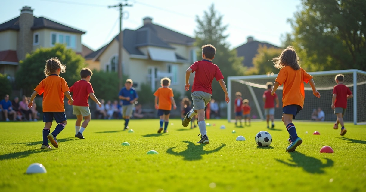 Crianças treinando futebol em campo gramado 