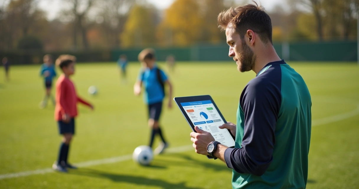 Treinador de futebol consulta tablet em campo com crianças ao fundo