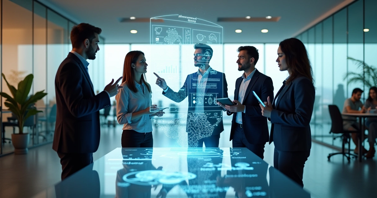 Profissionais trabalhando juntos com painel digital de IA e habilidades humanas em destaque 