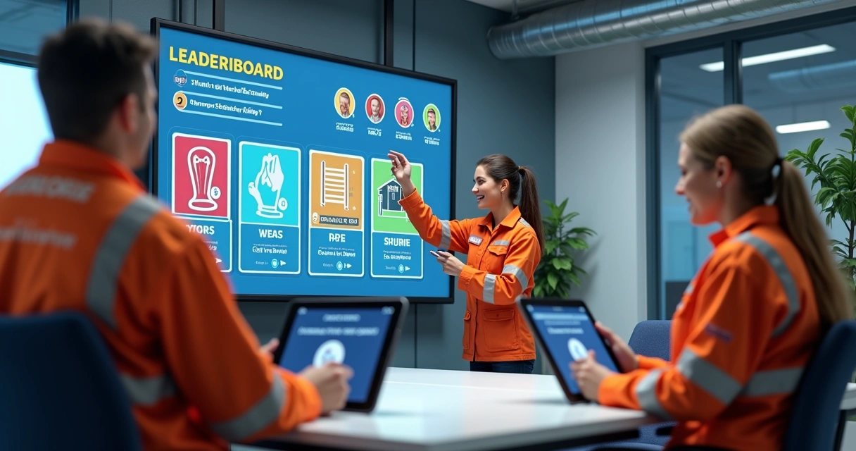 Funcionários interagem com painel digital de pontuação em treinamento gamificado 