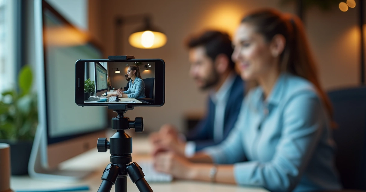 Colaborador grava vídeo de treinamento no celular em estação de trabalho 