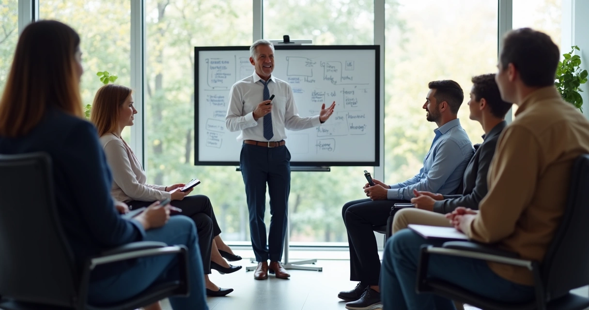 Grupo participando de treinamento de gestão emocional com coach conduzindo dinâmica 