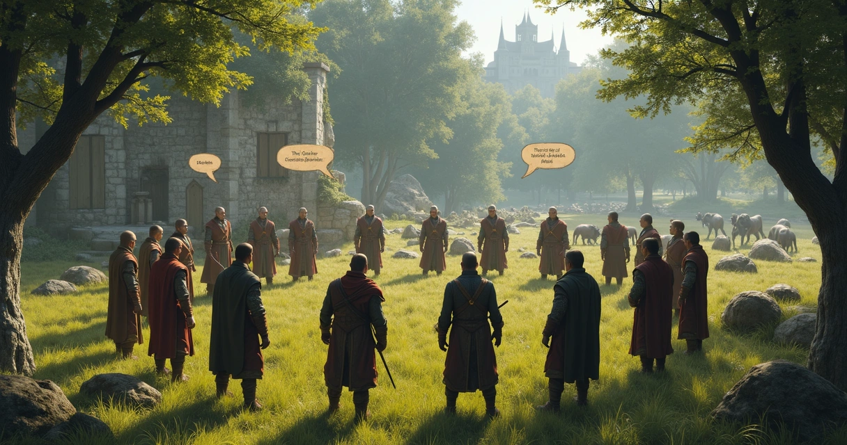 Jogadores de Tibia reunidos em círculo enquanto um personagem orienta, dentro do jogo Tibia.