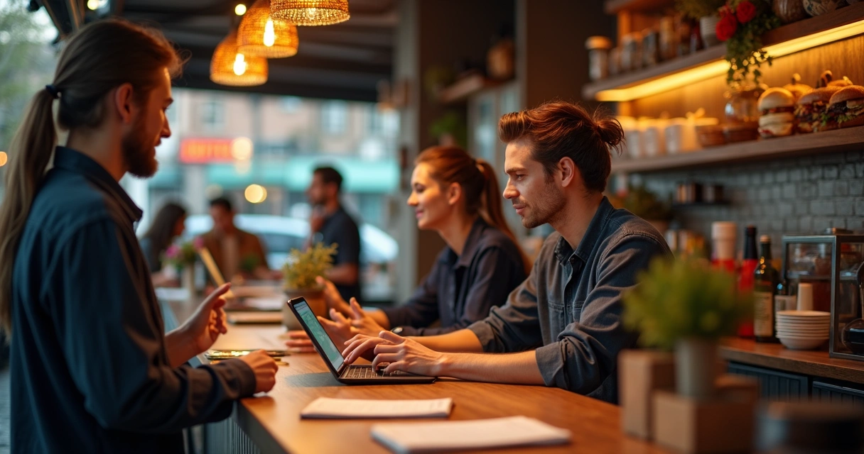 Funcionário de hamburgueria usando tablet para pedidos