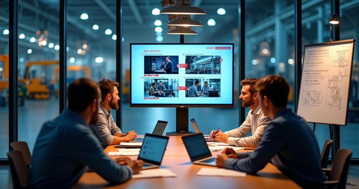 Profissionais industriais em reunião híbrida com instrutor em telão e plantas fabris ao fundo 