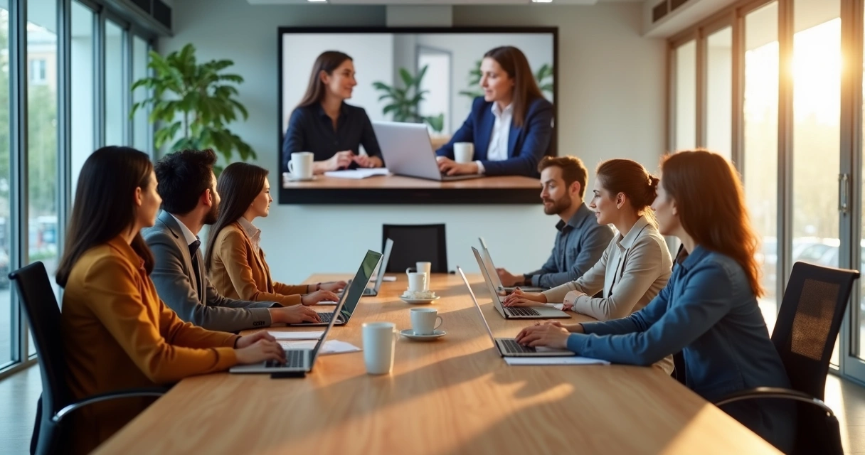 Treinamento híbrido com parte da equipe em sala de reunião e parte conectada pelo notebook 