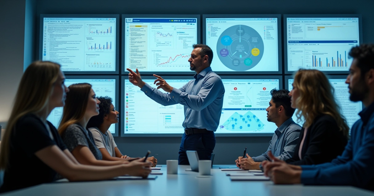 Equipe treinando IA para atendimento ao cliente, telas com gráficos e conversas 