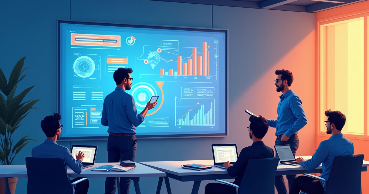 Corretor em treinamento com uso de IA em sala moderna, destacando interações e tecnologia.
