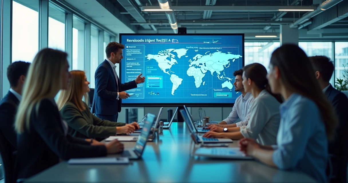 Treinamento prático de IA no escritório, equipe usando telas interativas