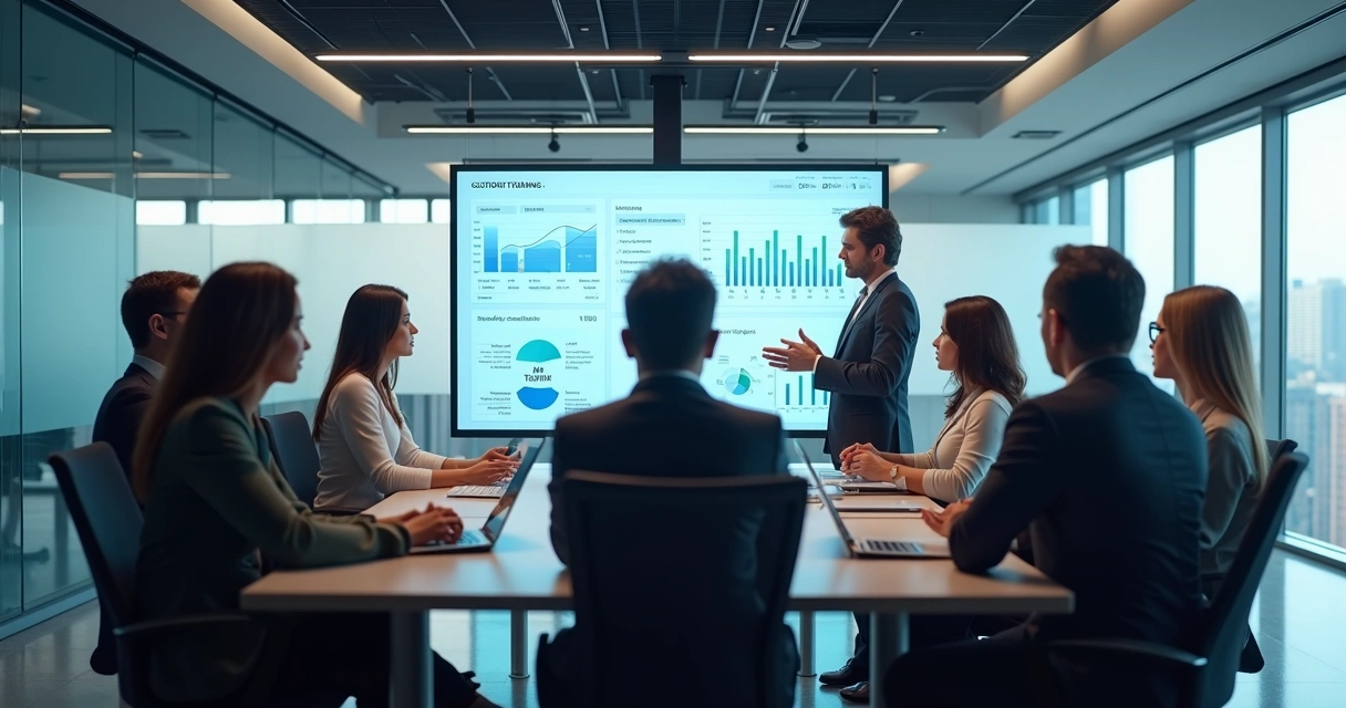 Equipe em treinamento com IA em sala corporativa 