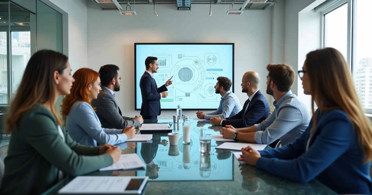 Colaboradores em treinamento sobre inteligência artificial em sala de reunião moderna 