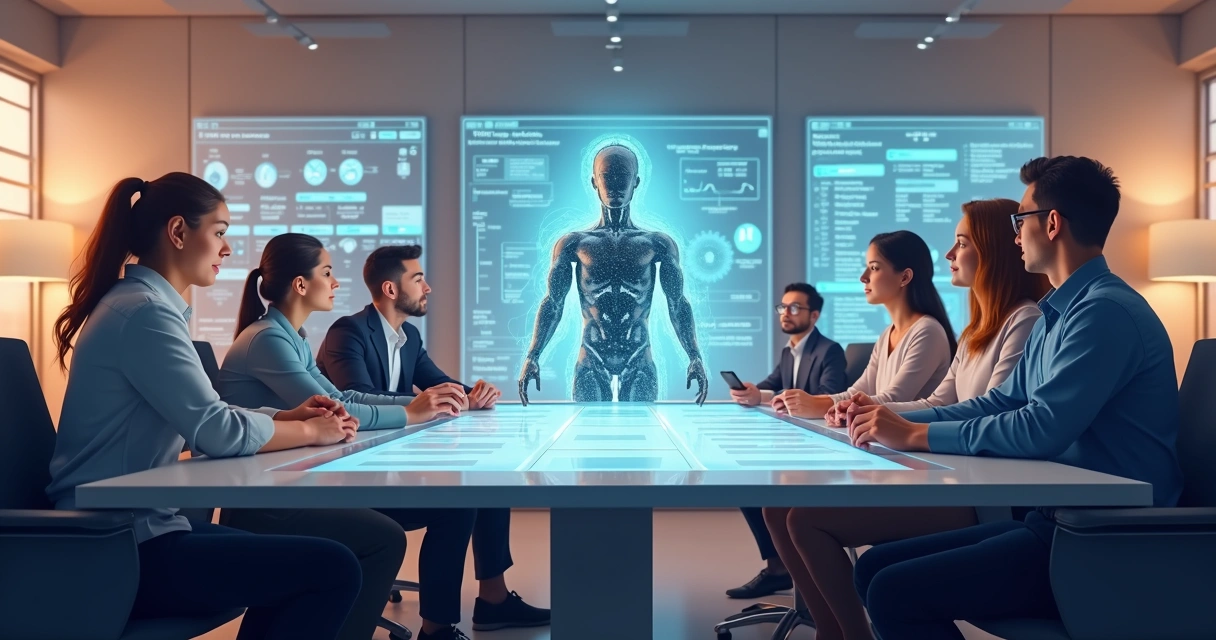 Ilustração de equipe treinando IA com exemplos humanos. 