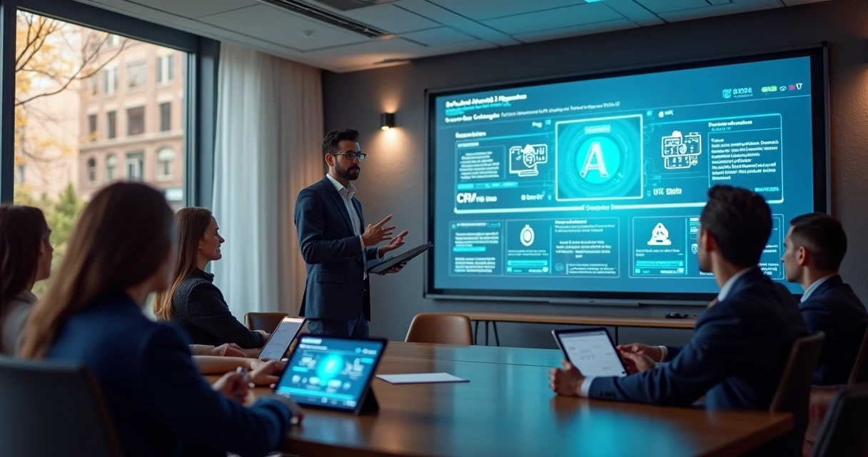 Equipe de corretores em treinamento prático de tecnologia imobiliária 