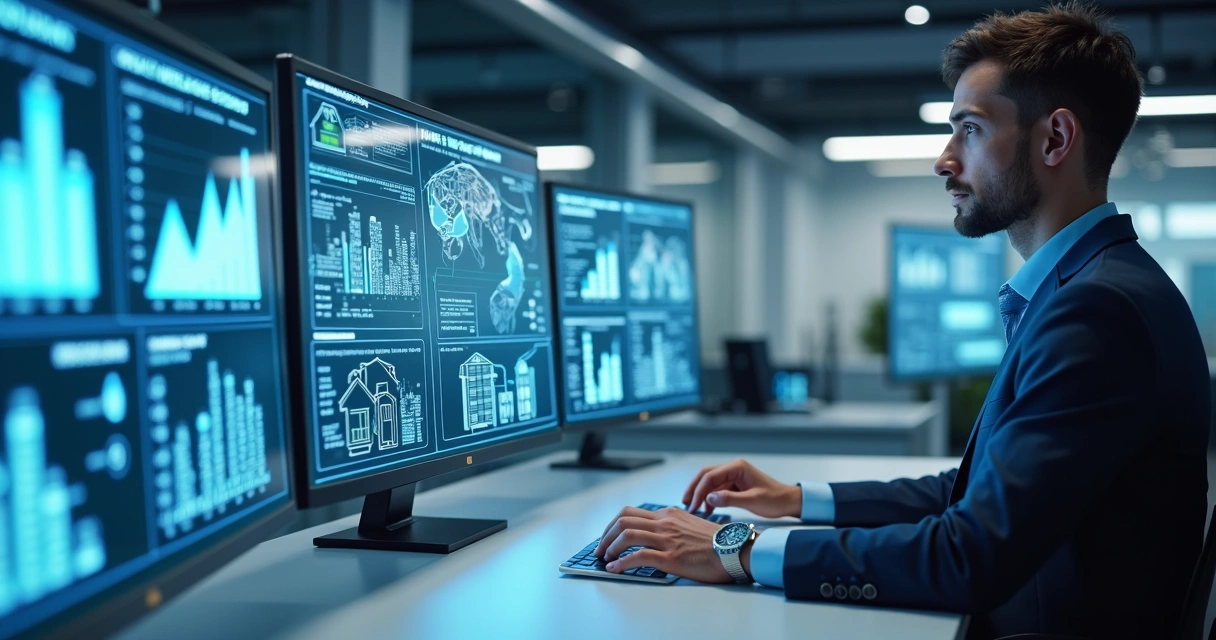 Profissional analisando dados e gráficos em múltiplas telas digitais com tema imobiliário e inteligência artificial 
