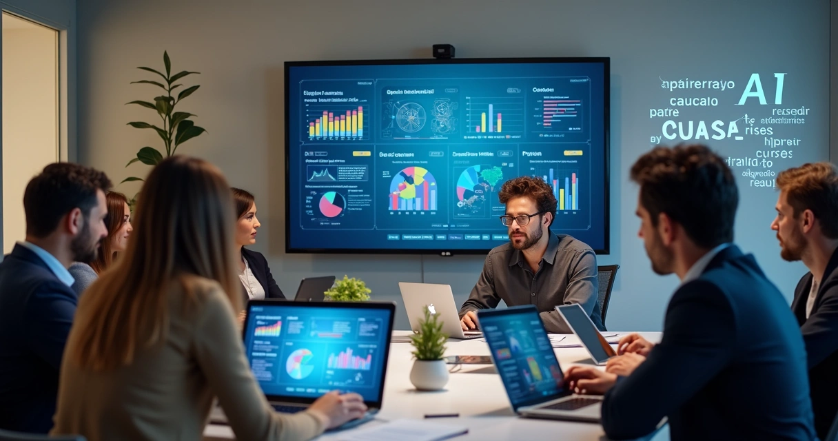 Reunião do setor de RH usando IA para adaptar cursos em diferentes dispositivos