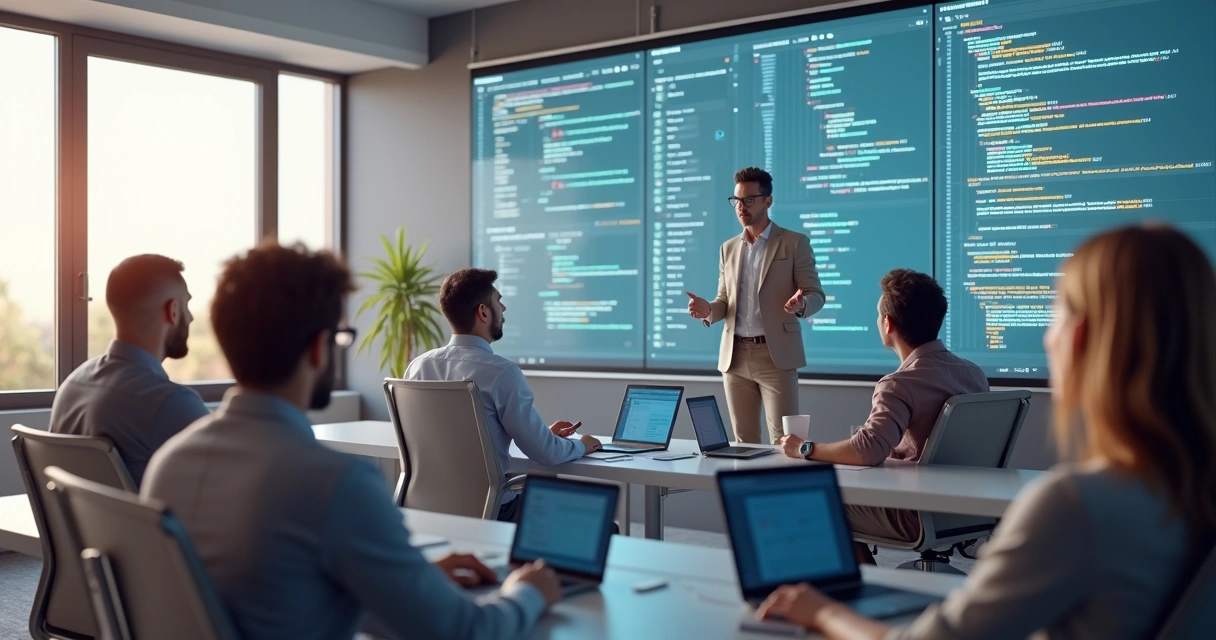 Cena 3D de equipe de operações aprendendo IA em ambiente moderno de escritório 