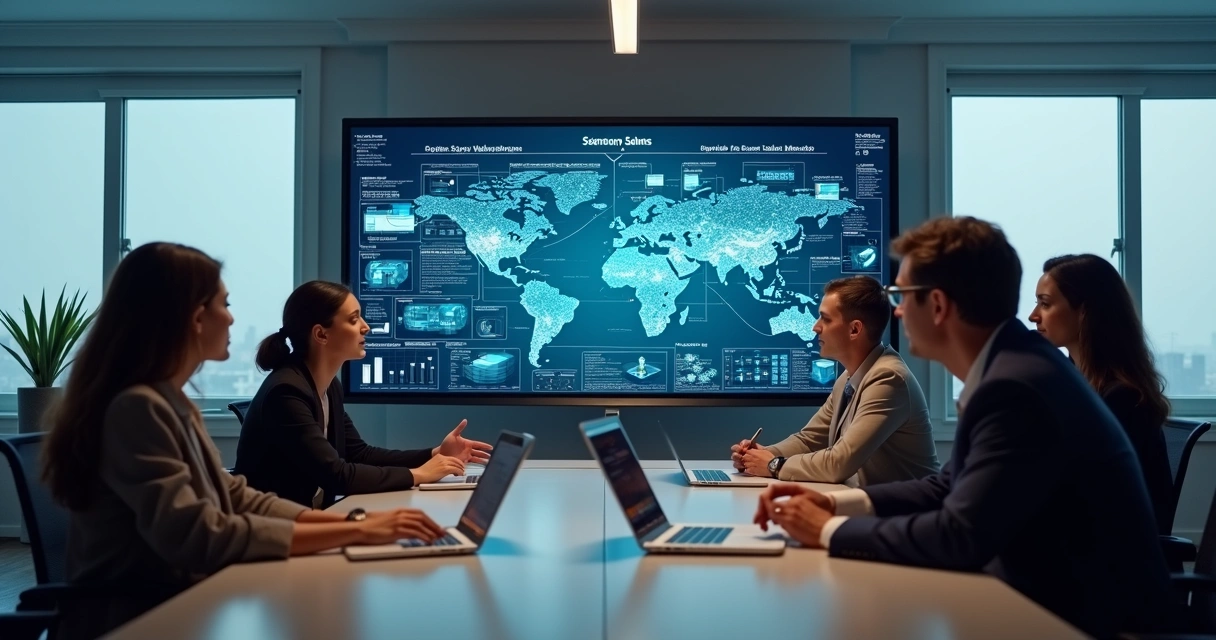 Equipe de vendas em treinamento prático com telão digital. 