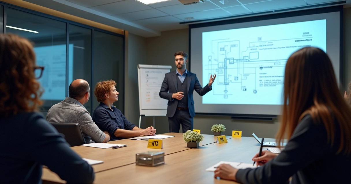 Sala de treinamento com instrutor mostrando painel com identificação de circuitos 