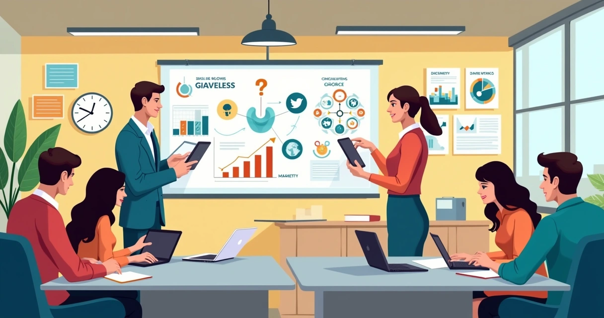 Treinamento moderno com profissionais aprendendo idiomas e marketing digital, com gráficos e ícones de redes sociais.