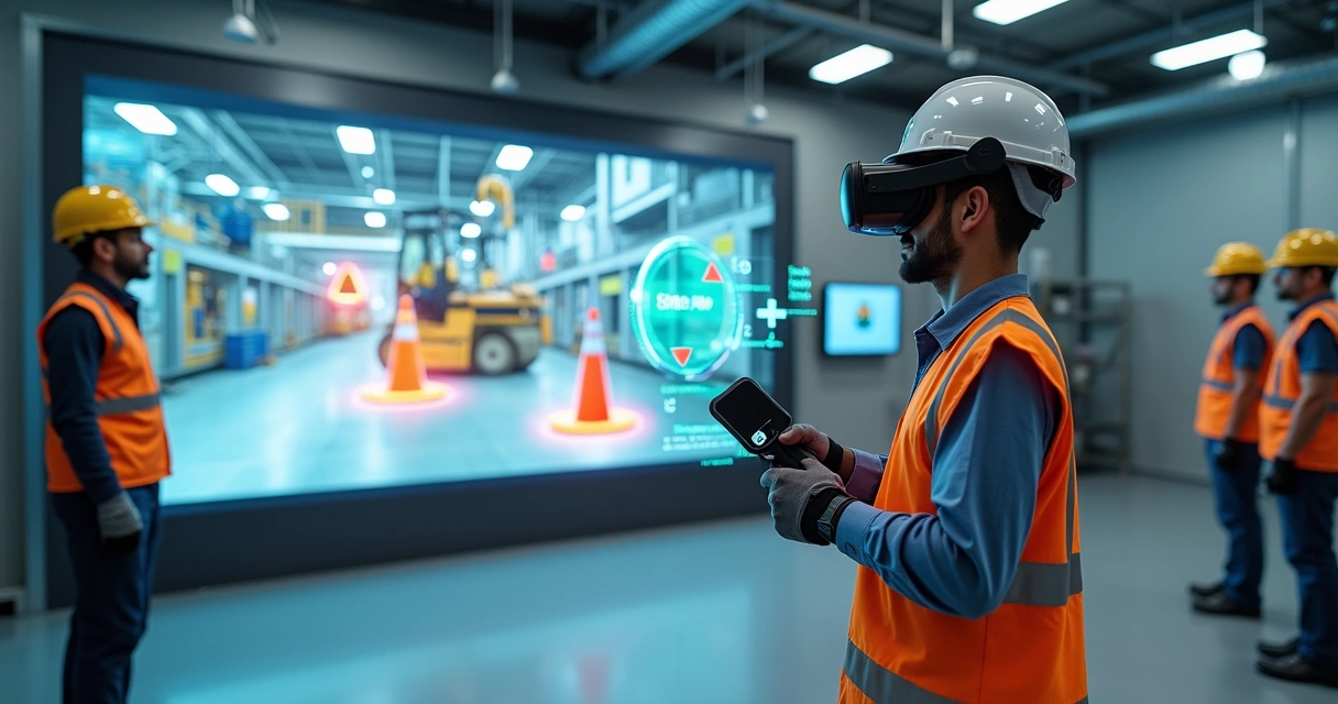 Trabalhador usando óculos de realidade virtual em treinamento de segurança no trabalho 