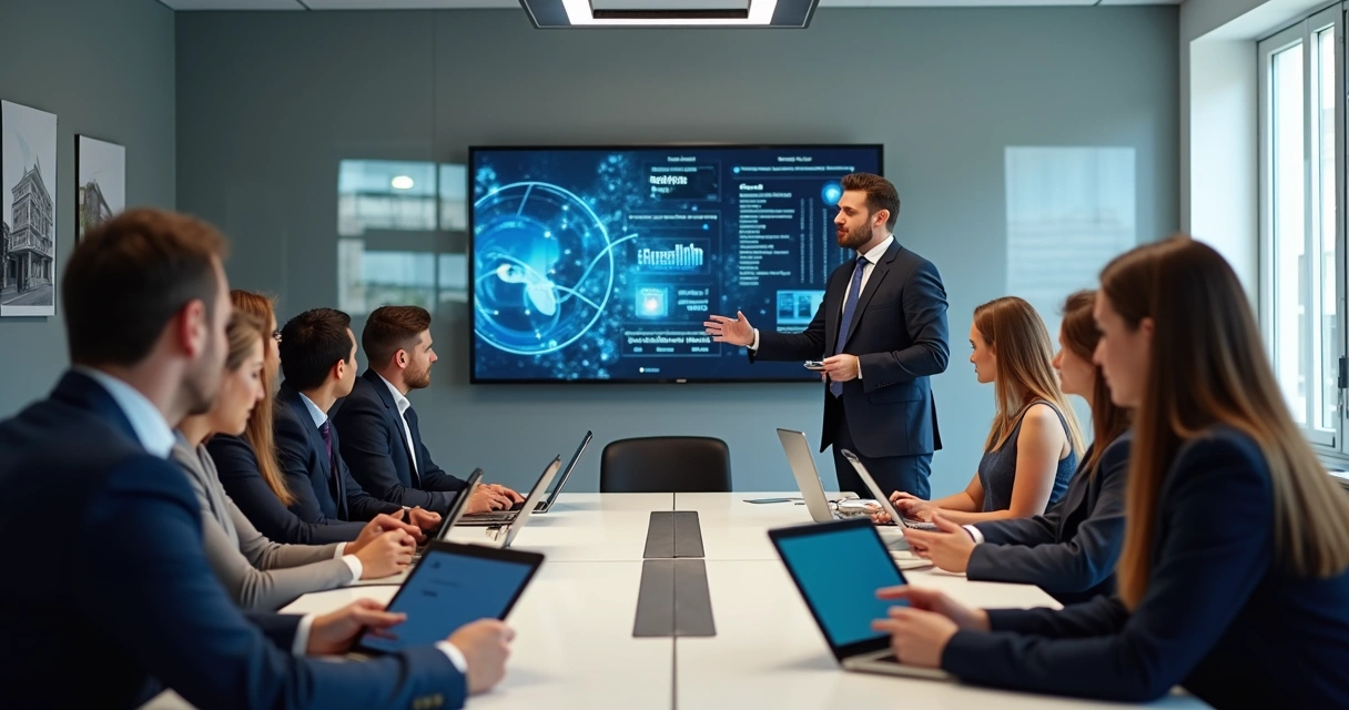 Equipe de corretores em treinamento prático com ferramentas digitais 