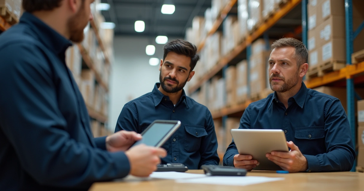 Treinamento de equipe usando tablets e coletores de dados junto ao estoque. 