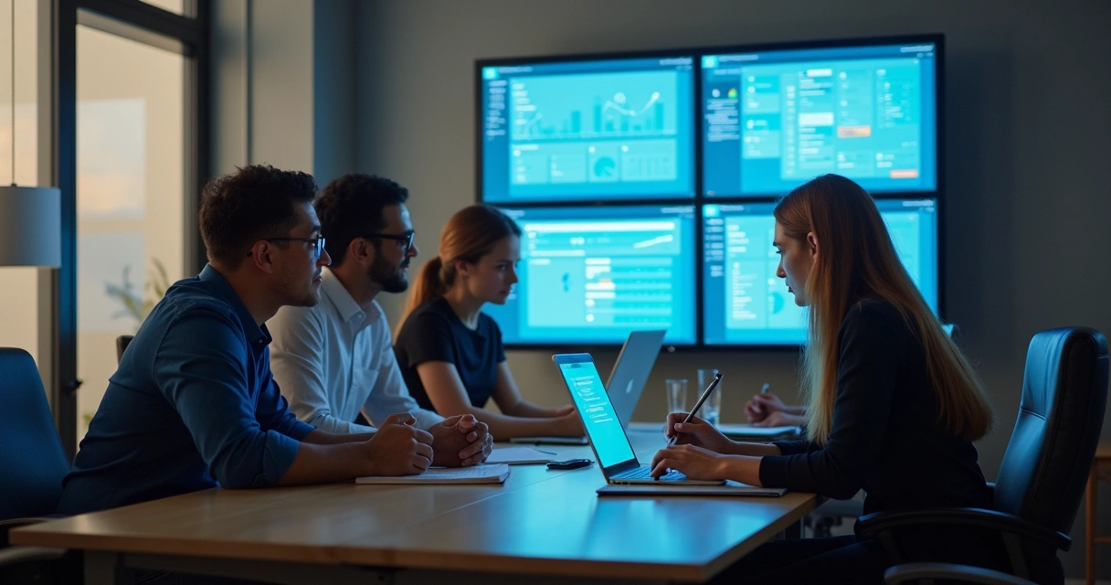Treinamento de equipe comercial em sala com telas de software 