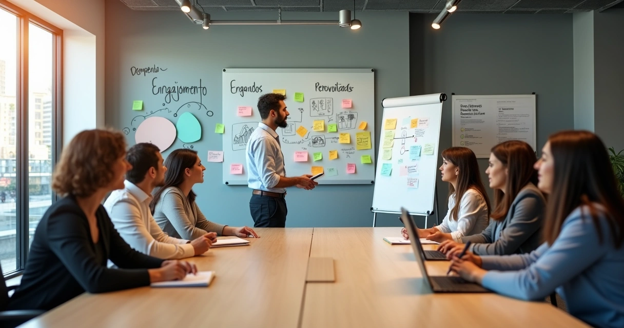 Colaboradores em treinamento in company com instrutor em ambiente de escritório moderno 