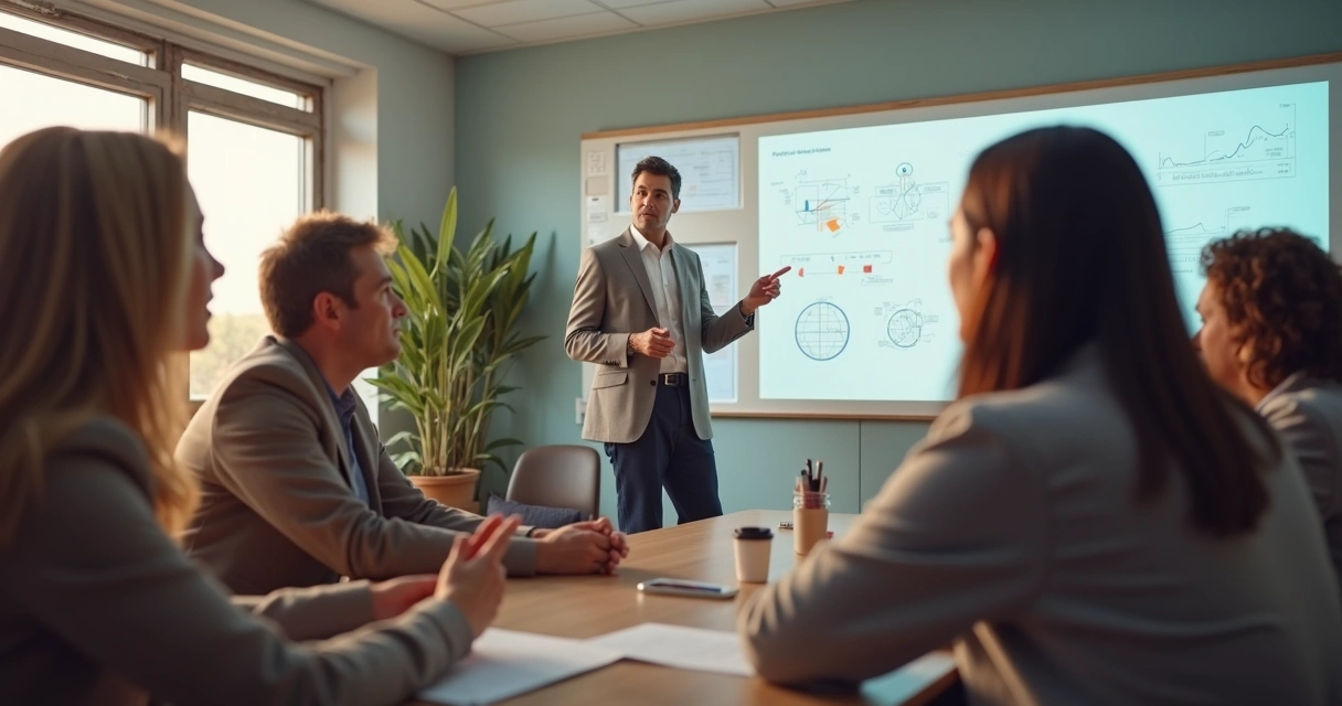 Facilitador em pé diante de equipe diversa em sessão de treinamento, quadro branco ao fundo, clima de escuta e respeito 
