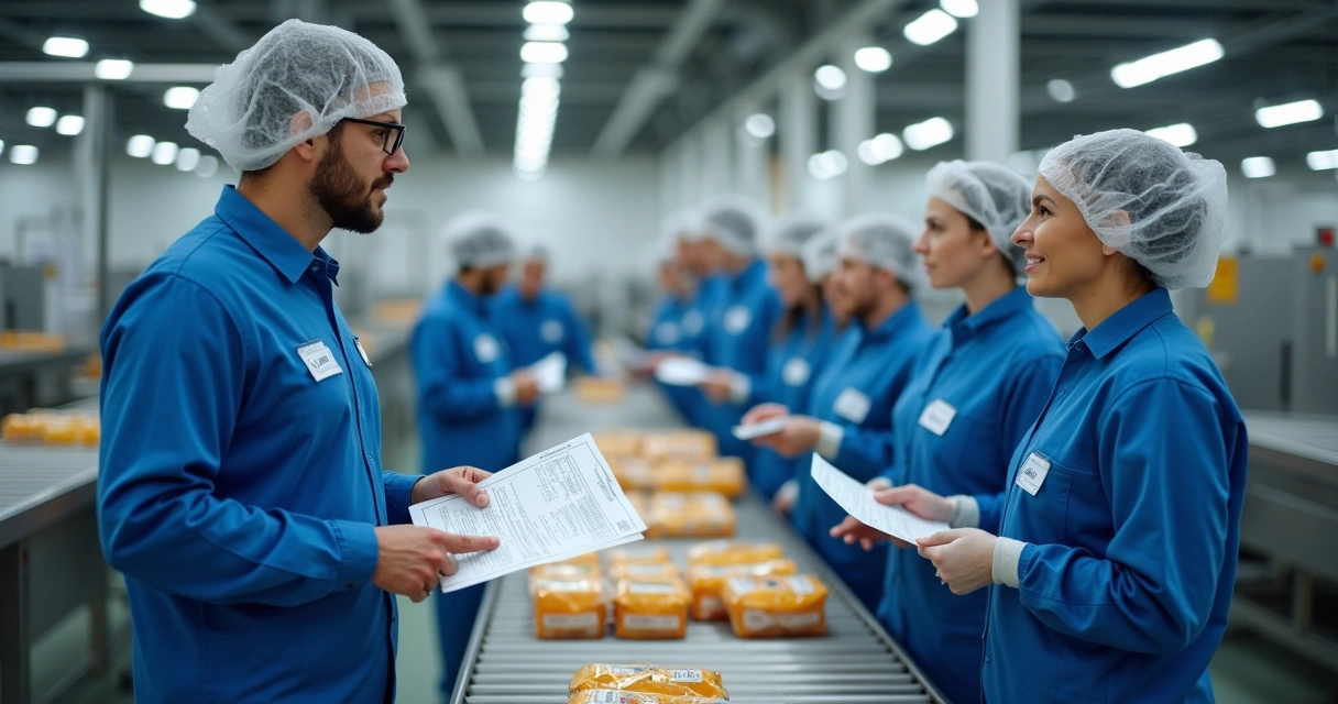 Supervisor treinando funcionários na linha de produção de alimentos 