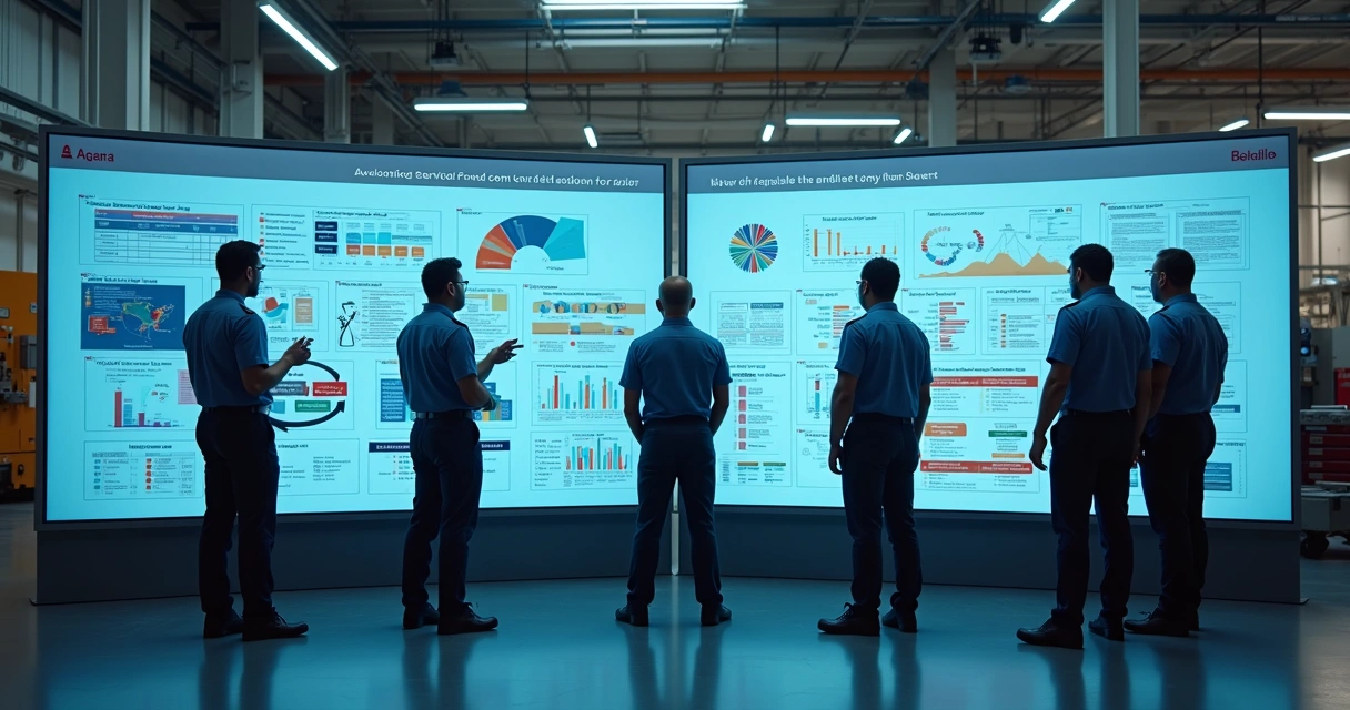 Treinamento de funcionários de indústria frente a telas digitais na fábrica