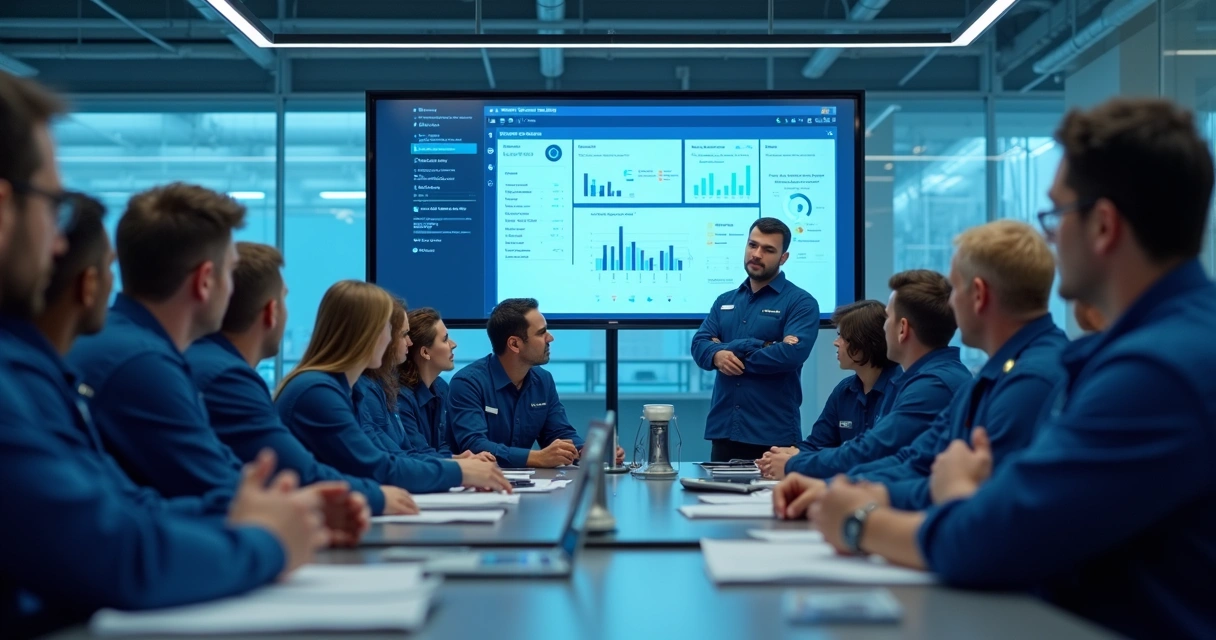 Profissionais uniformizados em treinamento normativo em ambiente industrial, observando instruções em tela digital 