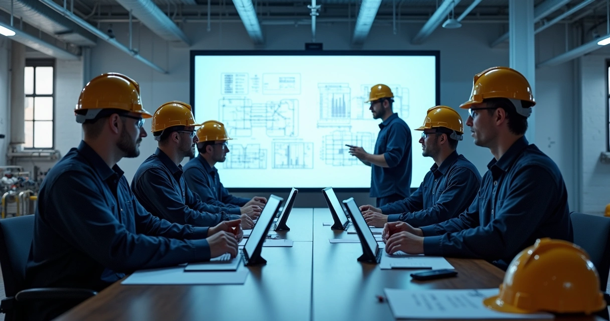 Equipe industrial reunida em treinamento digital com tablets e telas interativas 