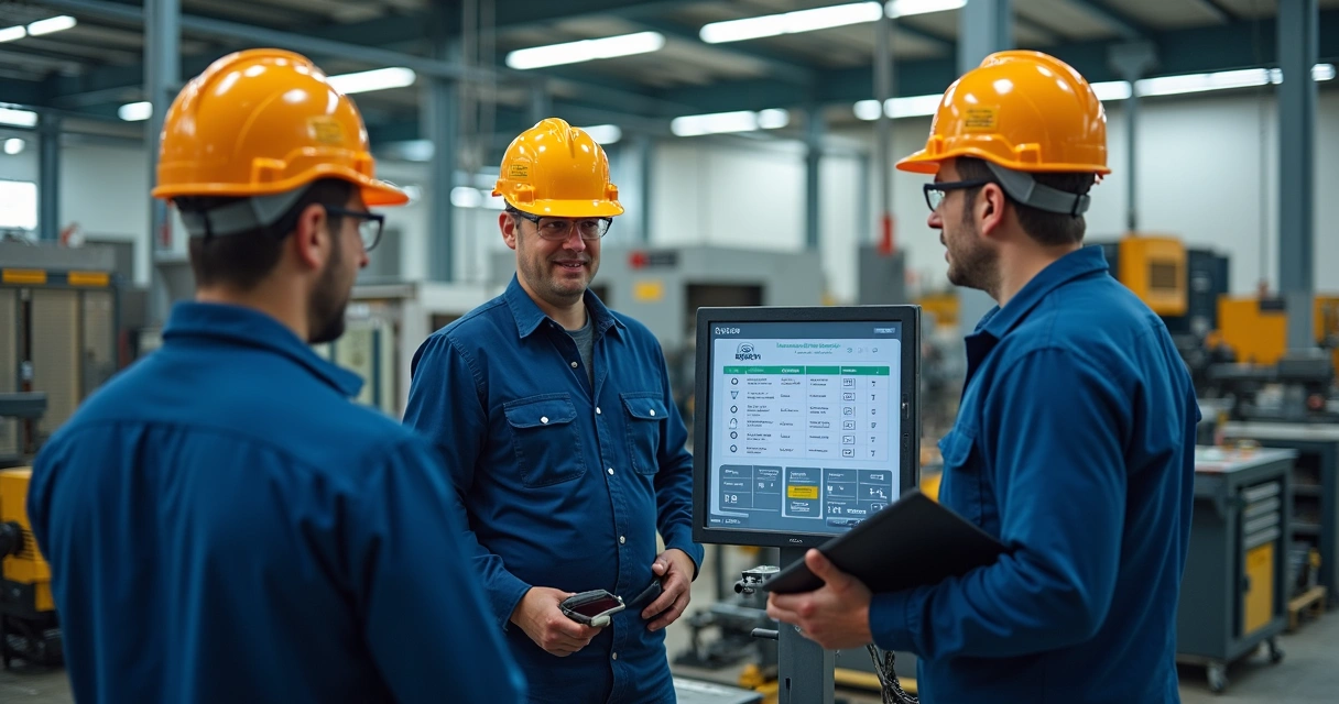 Equipe em treinamento industrial com instrutor 