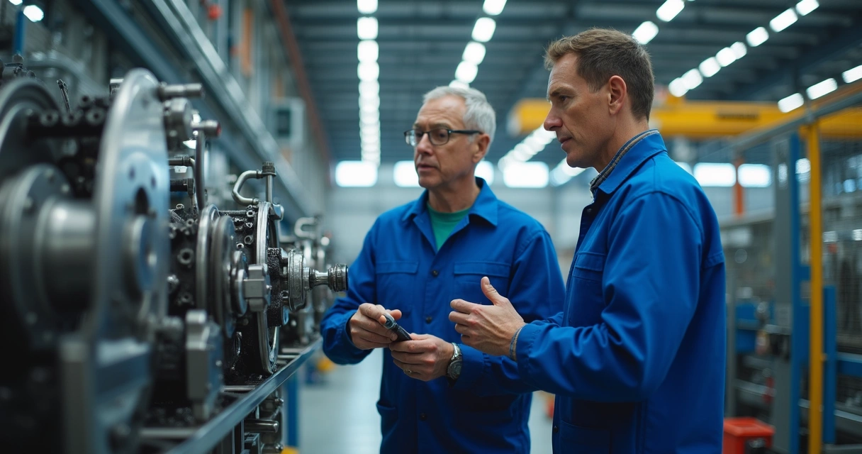 Dois trabalhadores em uniforme azul em linha de produção industrial 