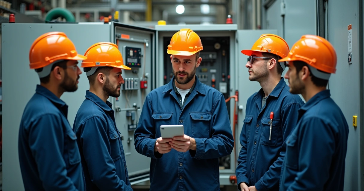 Instrutor mostra painel elétrico a trabalhadores em ambiente industrial 