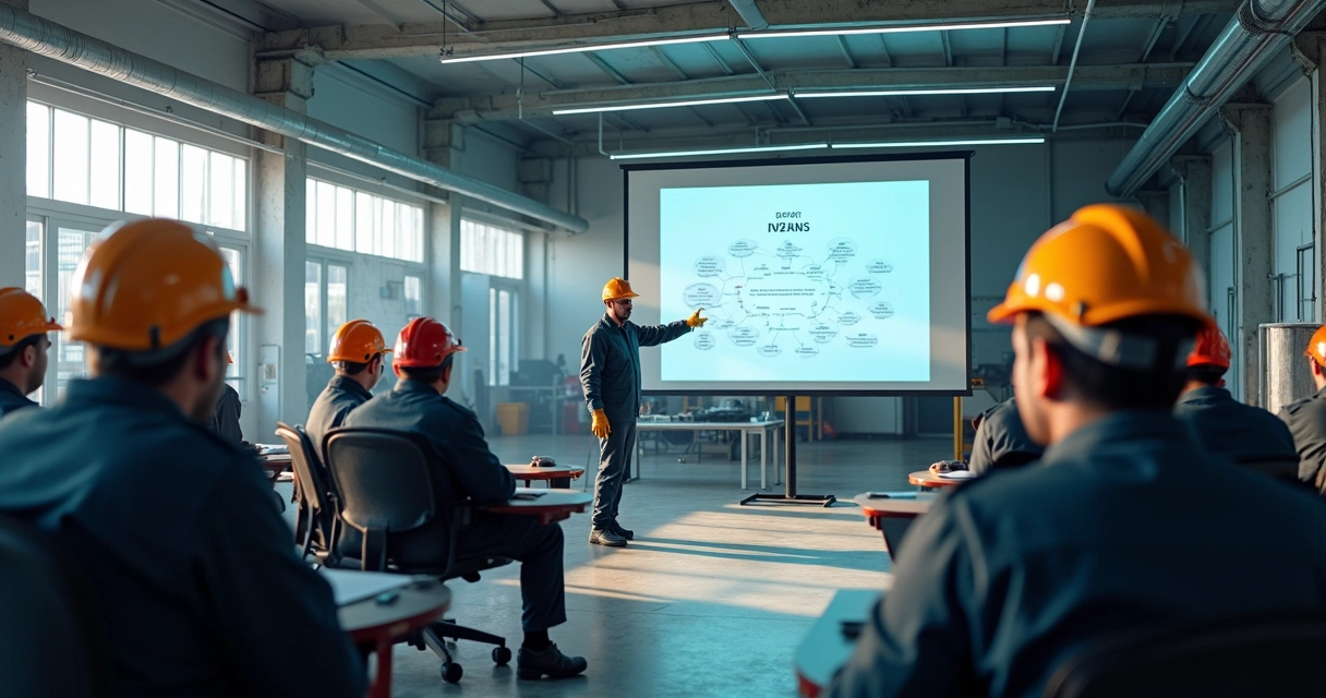 Sala de treinamento industrial com profissionais concentrados e instrutor explicando normas 