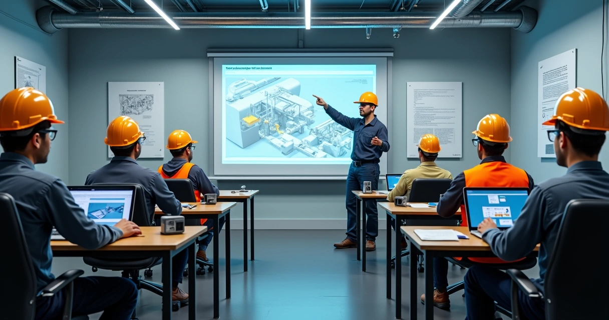 Treinamento de segurança industrial para operadores em sala de aula 