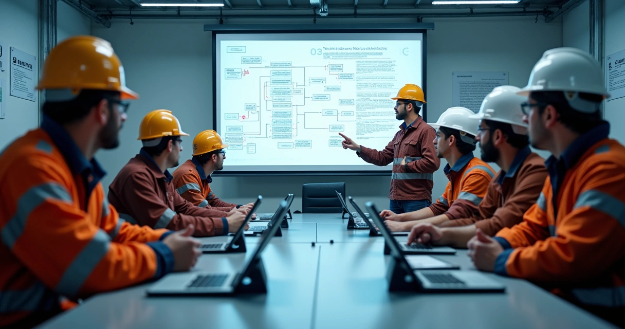 Equipe industrial reunida em treinamento com instrutor e procedimentos na tela