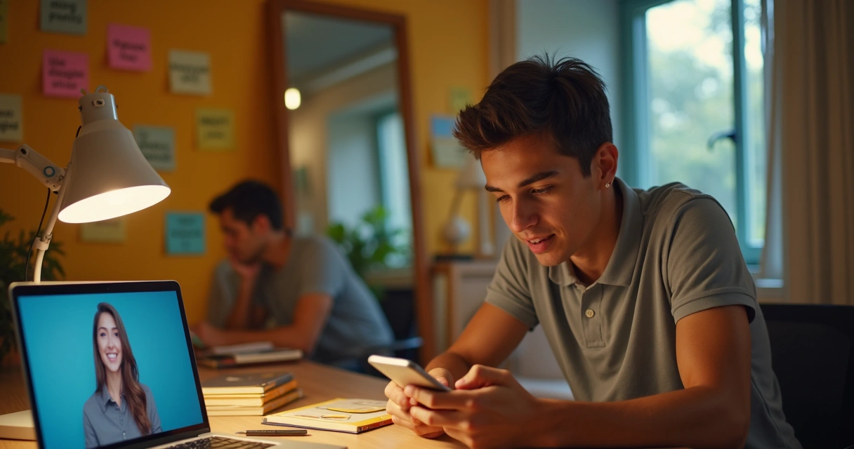 Pessoa praticando inglês em frente ao espelho com um celular na mão