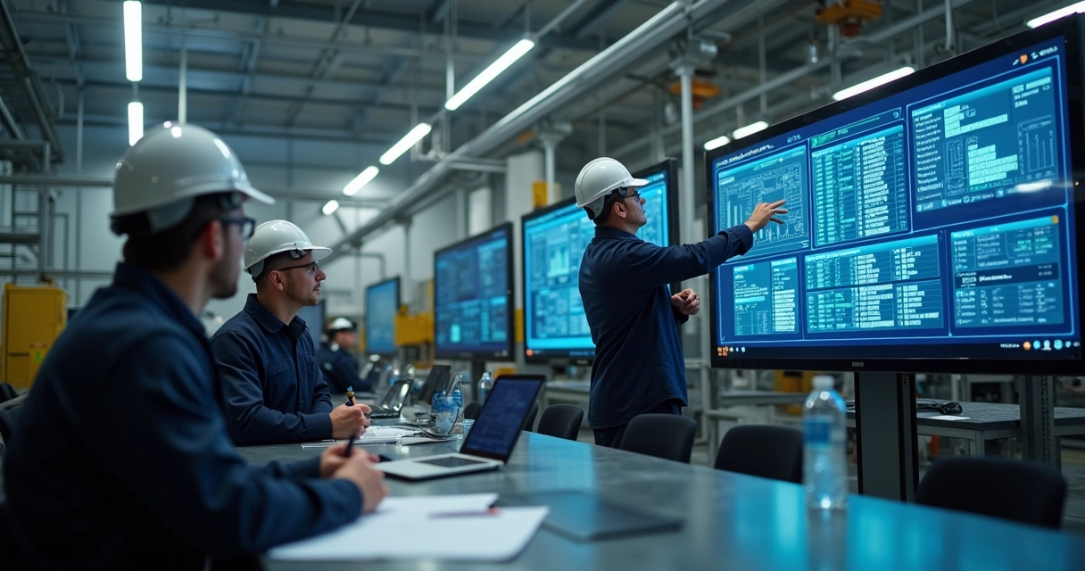 Colaboradores industriais em treinamento de uso de painel digital na fábrica 