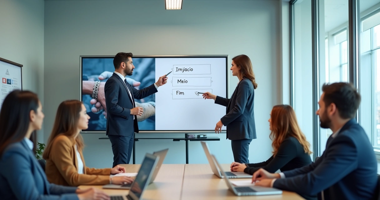 Instrutor interno orientado por profissional de RH em sala de treinamento corporativo 