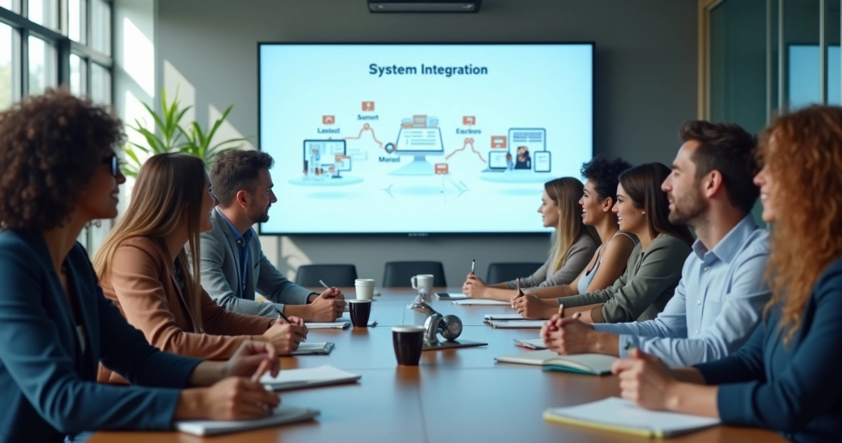Equipe de escritório recebendo treinamento sobre integração de sistemas 