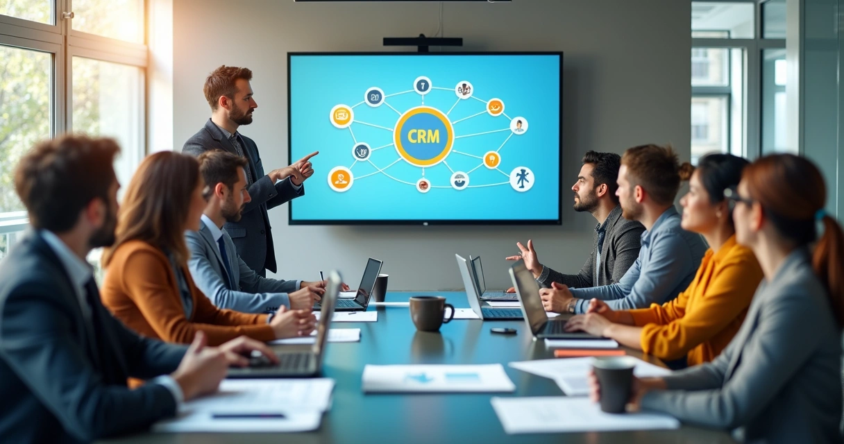 Equipe de funcionários em reunião recebendo treinamento sobre integração de sistemas 