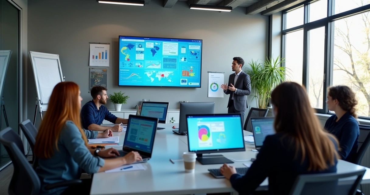 Profissionais recebendo treinamento em sala com computadores e tela com gráficos de IA