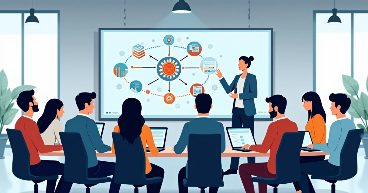 Equipe participando de treinamento de IA com instrutor e computadores 