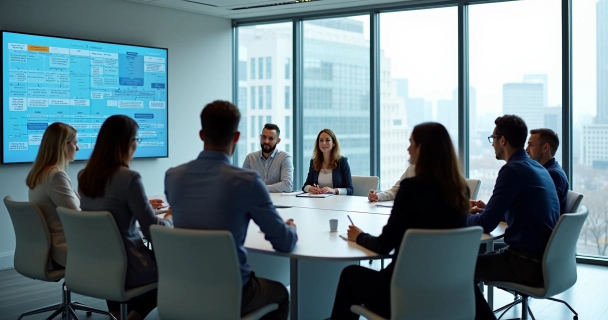 Equipe reunida em sala de treinamento moderno com painel digital mostrando agentes de IA 