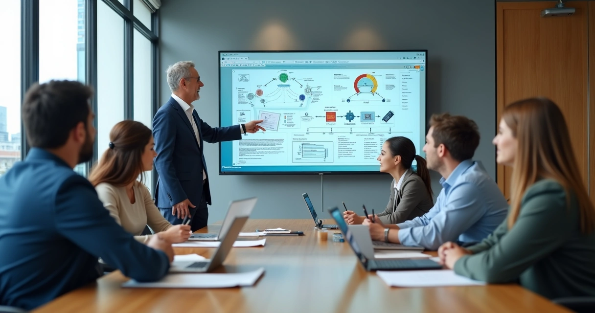 Equipe em sala de reunião assistindo especialista explicar processo em tela digital 