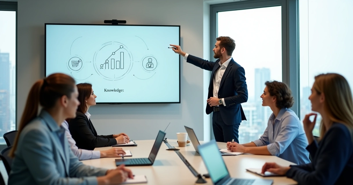 Colaborador explicando algo em apresentação para colegas em sala de reunião moderna 